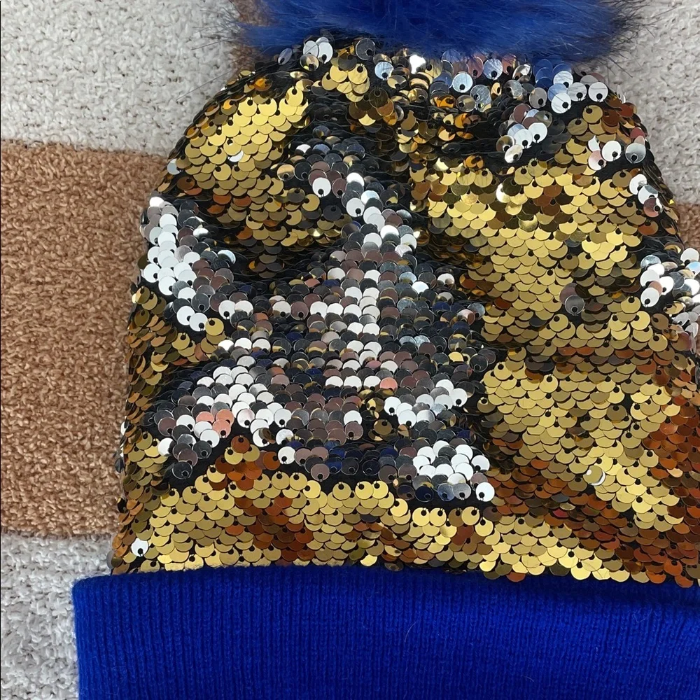 Gold Sequin Flippable Girls Beanie with Blue Pom-Pom